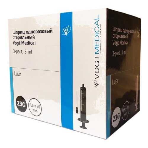 Шприц одноразовый стерильный Vogt Medical 3 мл с иглой 23G 1 1/4 (0,6*30мм) luer 100 шт в Аптека Классика